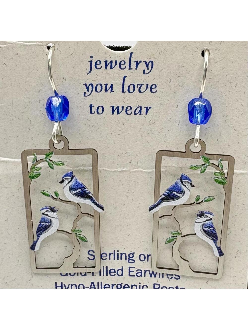 Sienna Sky Earrings Sterling Silver Hook Two Blue Jay Birds in Tree Unique New